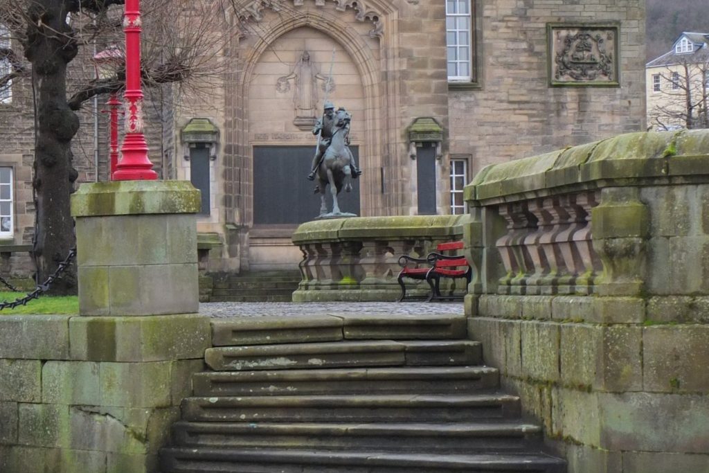 The war memorial and Border Reiver statue in Galashiels town centre